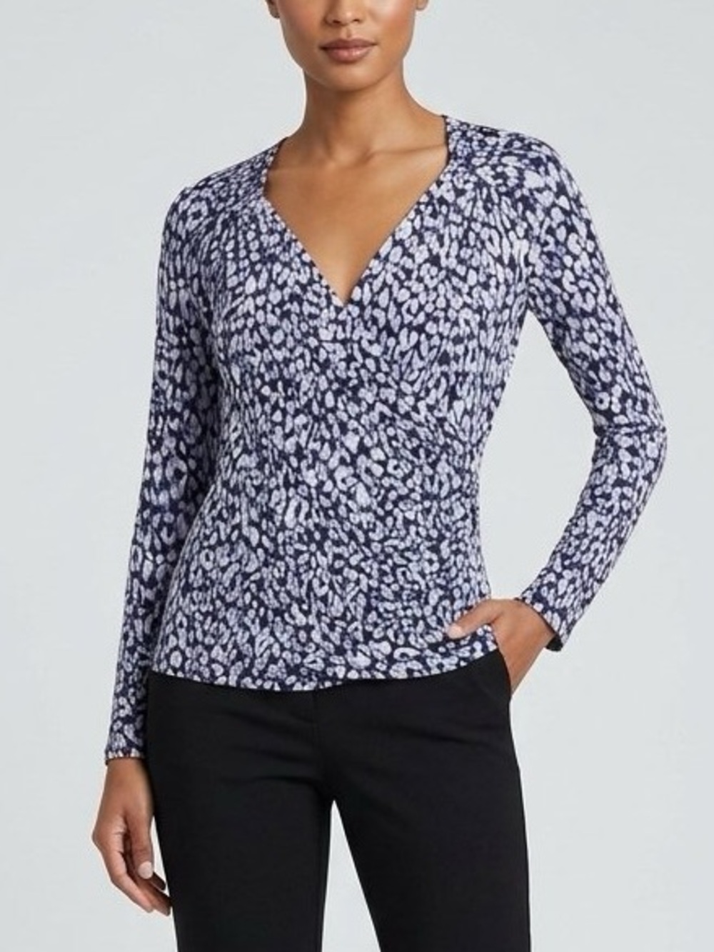 Tahari Blue Multi Leopard-Print Draped V-Neck Top Size S NWT
